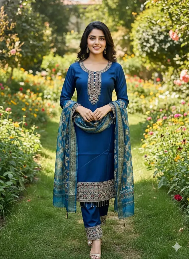 Elegant royal blue embroidered suit set