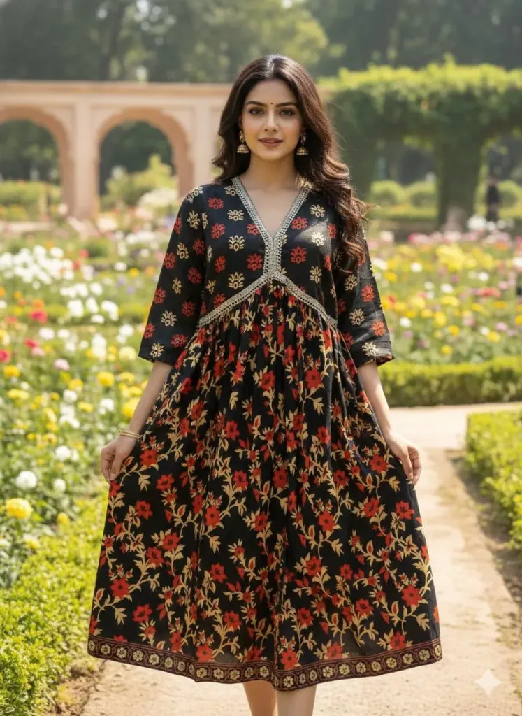 Black floral Anarkali-style kurti