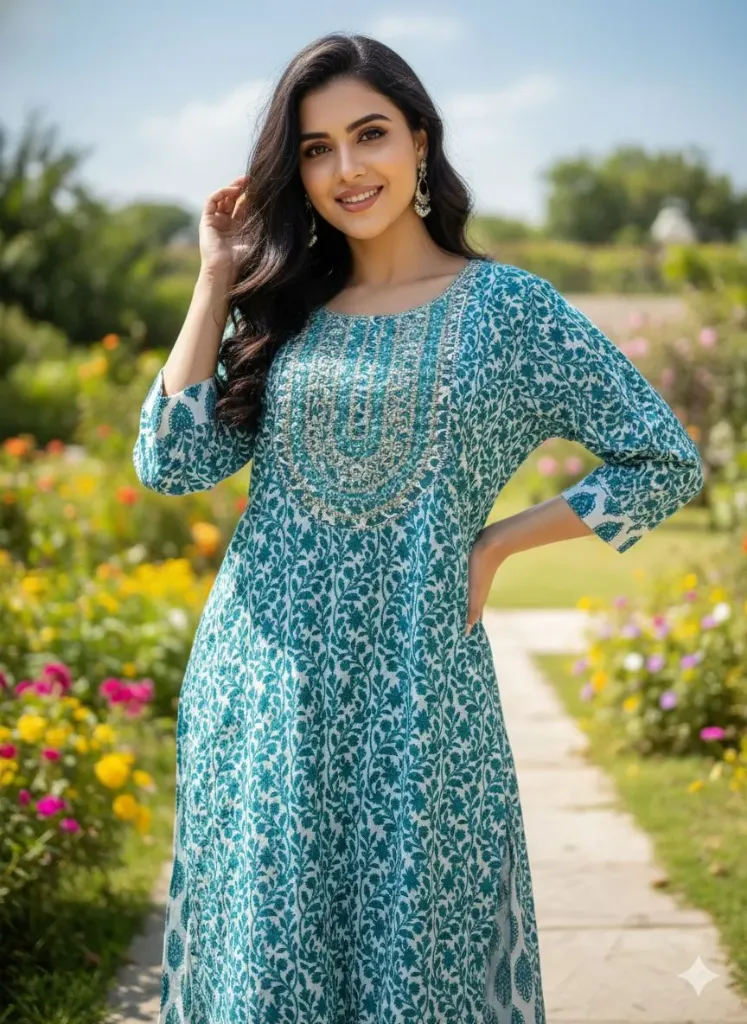 Teal green printed kurti