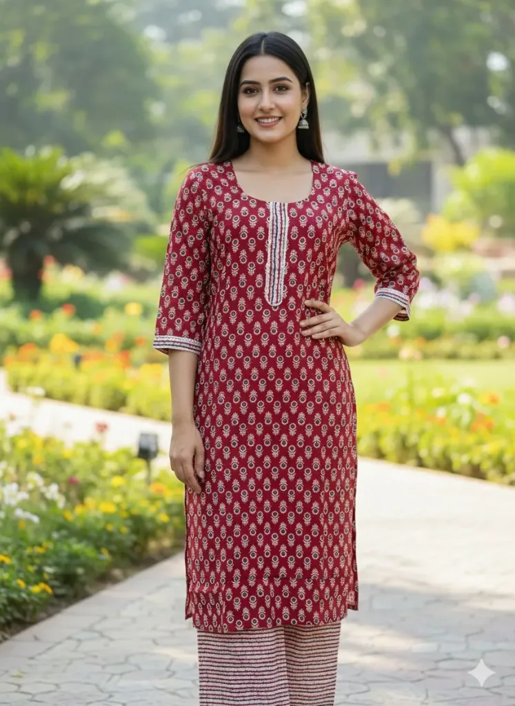 Red printed kurta set
