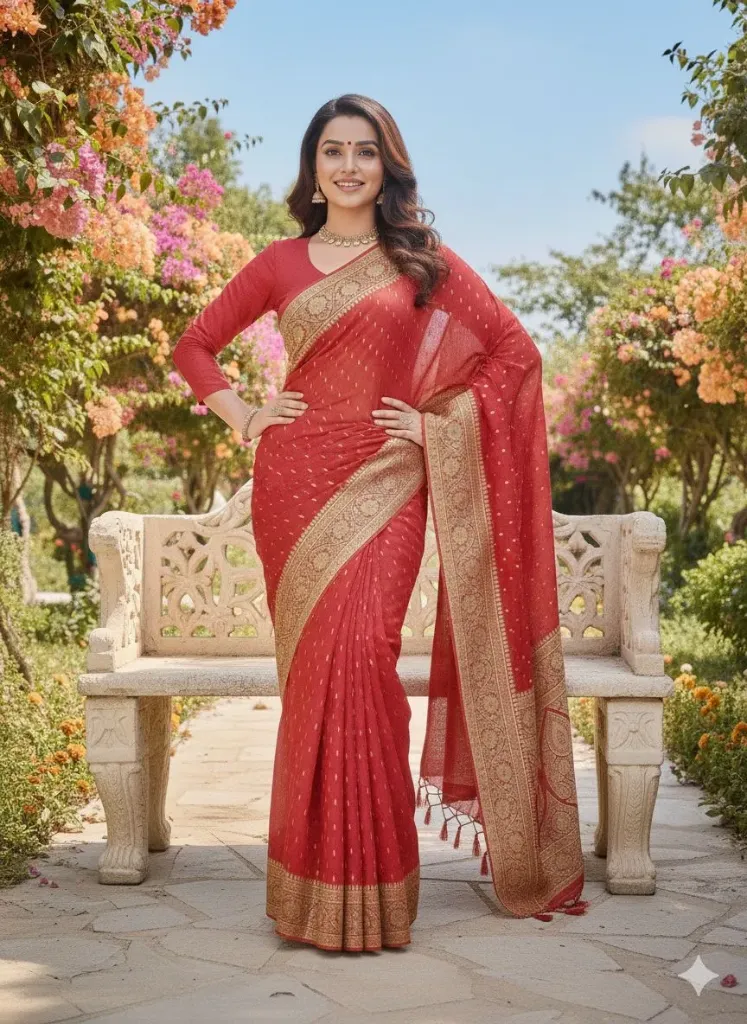 Red saree featuring intricate golden zari work