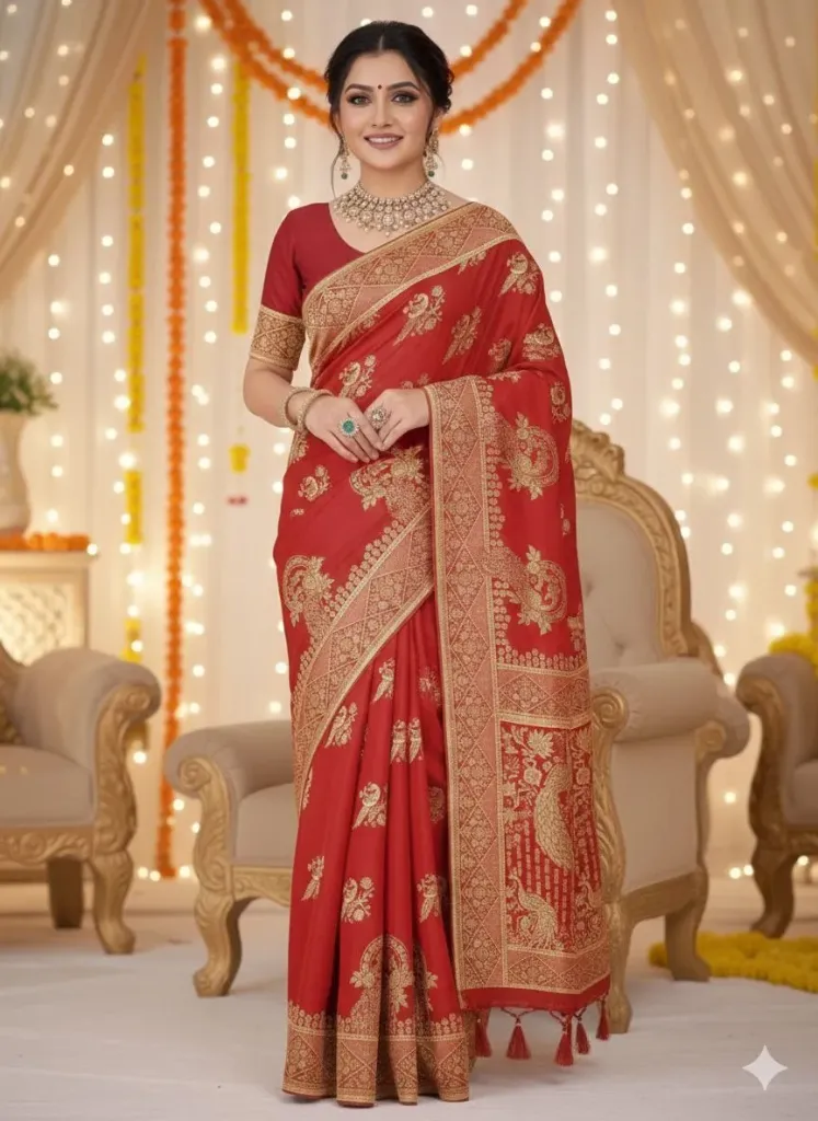 Red saree adorned with delicate golden zari motifs