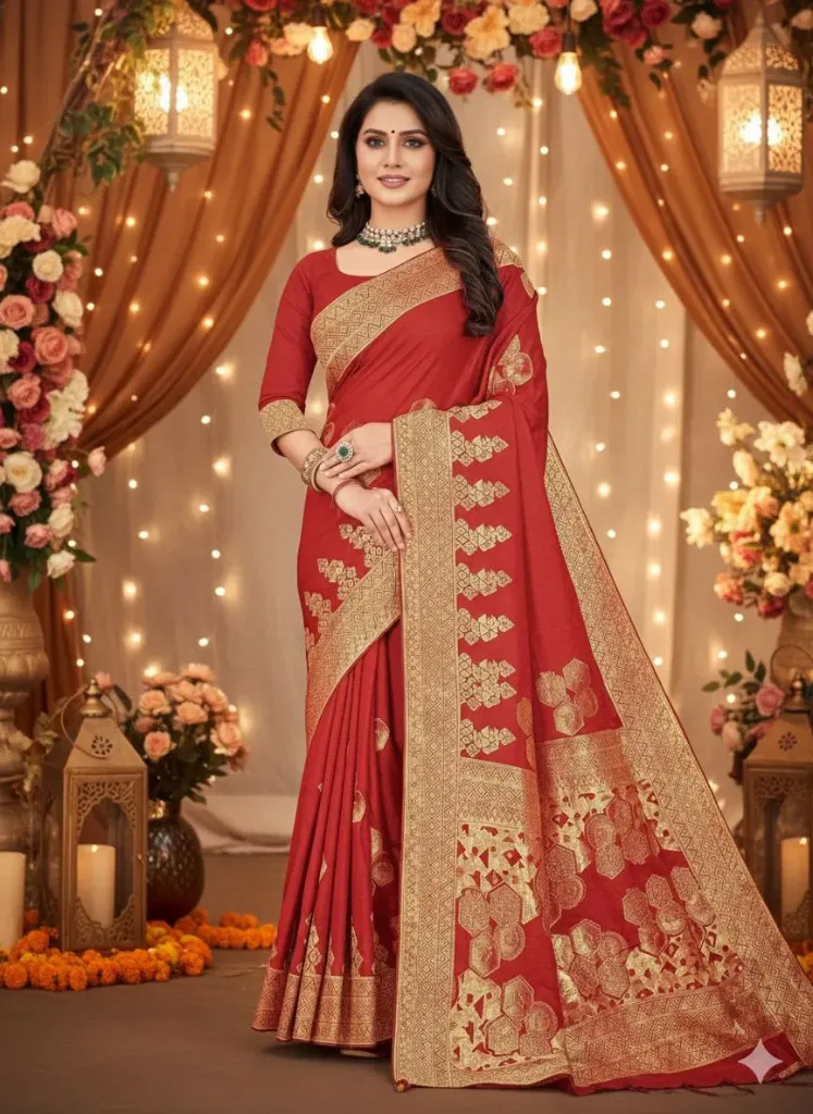 Red saree adorned with rich golden zari work