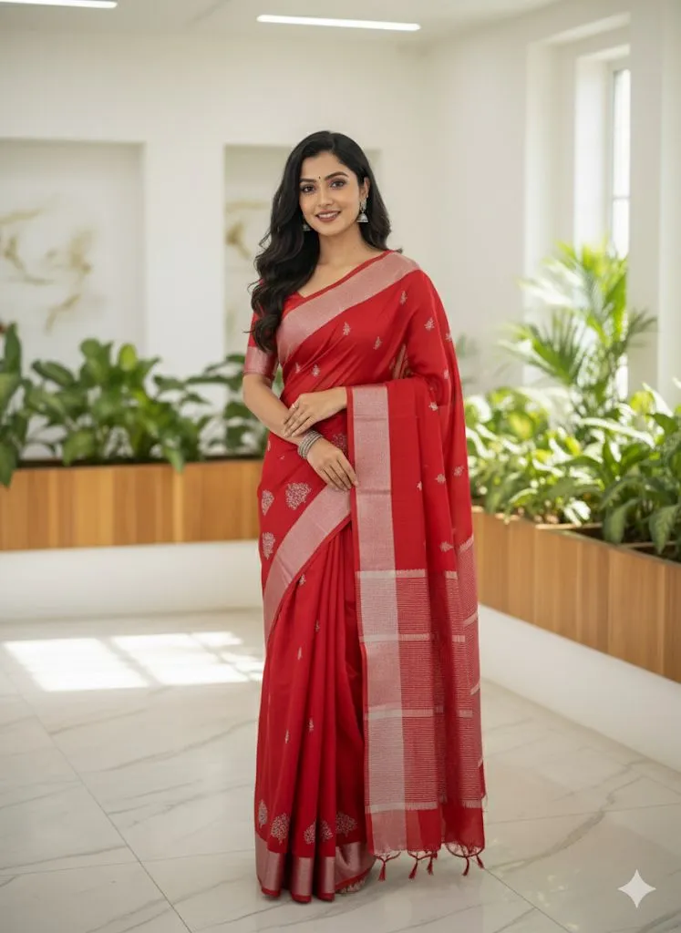 Graceful Chanderi Silk Saree with Silver Zari Buttas